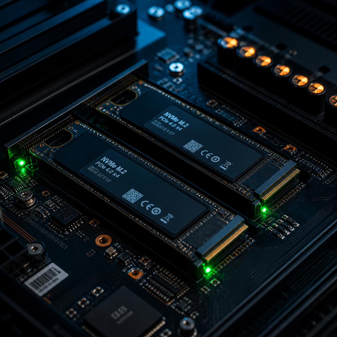 Macro de dos discos NVMe M.2 sobre motherboard con LEDs verdes activos y capacitores naranjas.